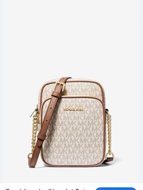 Michael Kors Jet Set Cream Signature Crossbody with Brown Trim and Gold Chain